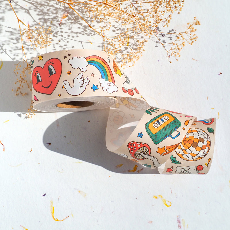 One roll of groovy themed water activated packing tape with rainbow, smiley hearts, disco balls and other fun elements 