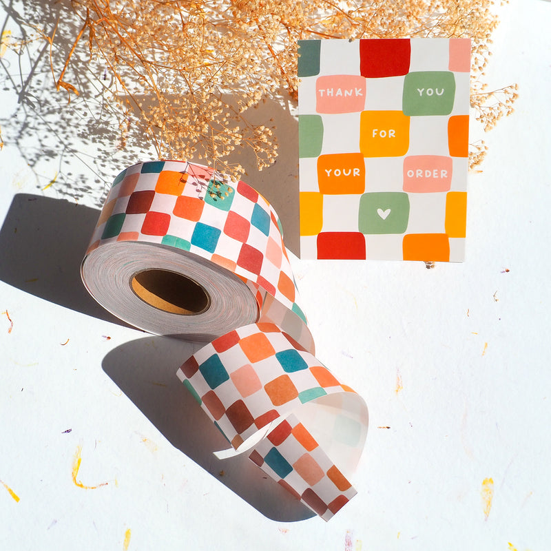 Colorful checkered water-activated packing tape and matching thank you card