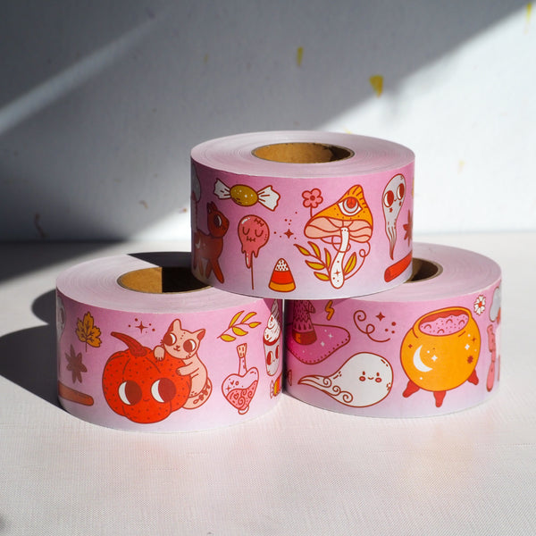 Cute spooky Halloween water activated packing tape with ghosts, cats, and pumpkin designs