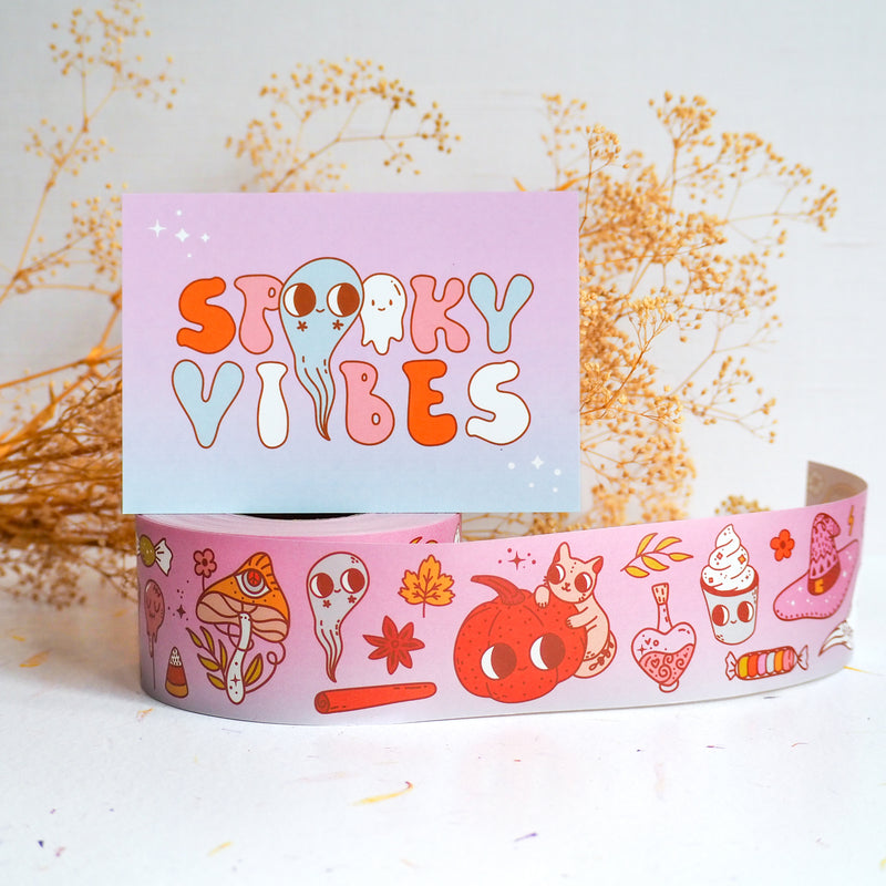 Cute spooky water activated packing tape and matching postcard with the text "spooky vibes"