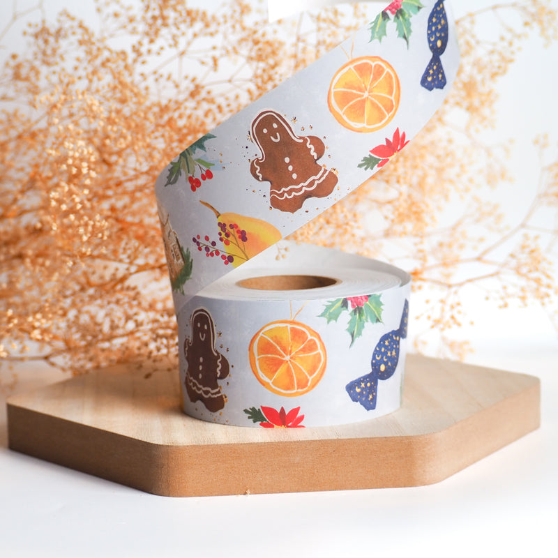 Holiday water activated tape with gingerbread man and candy designs