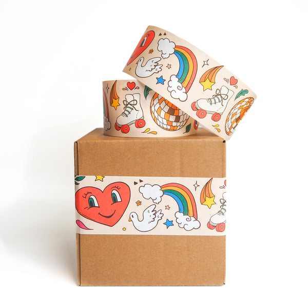 Fun colorful groovy water activated packaging tape roll on top of a box